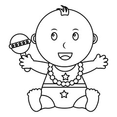 cute little baby boy sitting holding rattle toy vector illustration outline