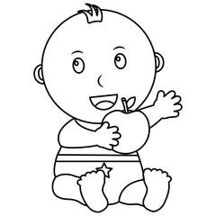 cute little baby boy sitting with apple vector illustration outline