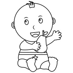 cute little baby boy sitting holding a pear vector illustration outline