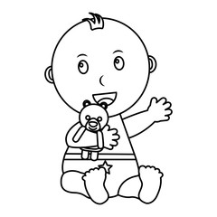 cute little baby boy sitting embraced teddy bear vector illustration outline