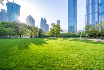 Fototapeta premium zielony trawnik z nowoczesnym budynkiem w parku