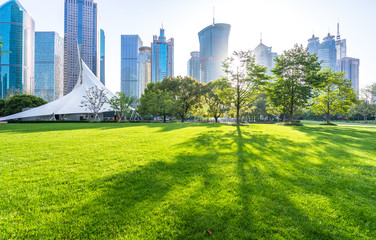 Obraz premium green lawn with modern building in park