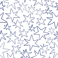 Vector seamless pattern with hand drawn doodle stars in flat simple style, blue color on white background for textile and clothing design