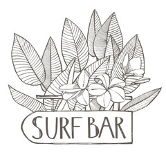 Surf bar. Composition this Signboard and Tropical palm leaves, vector illustration. Graphic hand drawn painted illustration.