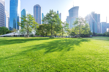 Obraz premium green lawn with modern building in park