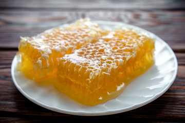 honey in honeycombs on a white plate 