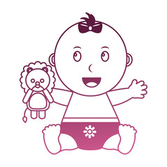 Fototapeta premium cute little baby girl sitting with toy lion vector illustration degraded pink color
