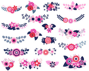 Vector floral design elements in blue, red and pink colors - flower bouquets for wedding invitations and greeting cards