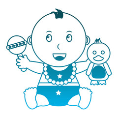 cute little baby boy sitting with duck and rattle toys vector illustration degraded blue color