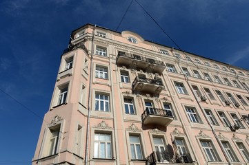 Fototapeta premium Fragment of the former profitable house I. Korovin in the lane Sivtsev Vrazhek in the center of Moscow.