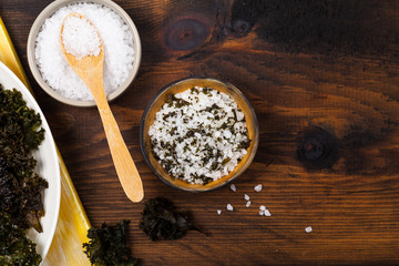 Organic Roasted Kale Sea Salt. Selective focus.