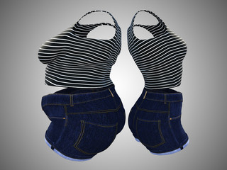 Conceptual fat overweight obese female clothes outfit vs slim fit healthy body after weight loss or diet thin young woman on gray. A fitness, nutrition or fatness obesity health shape 3D illustration