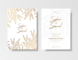 Obraz na płótnie Canvas Wedding vintage invitation, save the date card with golden berries and branches sea buckthorn. Elegant gold botanical plant. Gold card template for save the date, invite, greeting card, place for text