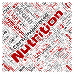 Vector conceptual nutrition health diet square red word cloud isolated background. Collage of carbohydrates, vitamins, fat, weight, energy, antioxidants beauty mineral, protein medicine concept