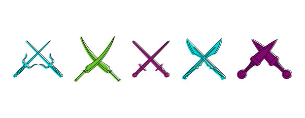 Crosses sword icon set. Color outline set of crosses sword vector icons for web design isolated on white background