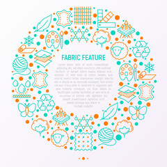Fabric feature concept in circle with thin line icons: leather, textile, cotton, wool, waterproof, acrylic, silk, eco-friendly material, breathable material. Modern vector illustration for banner.