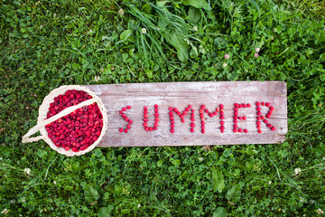 Ripe sweet raspberries in bowl on wooden table © rasskaz
