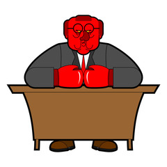 Angry boss in boxing gloves. Red honcho. Ferocious master