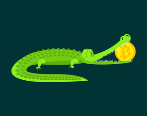 Crocodile in mouth bitcoin. Alligator eats crypto currency