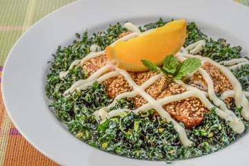 fried chicken and crispy kale