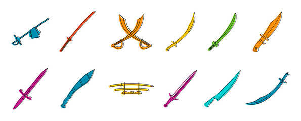 Sword icon set. Color outline set of sword vector icons for web design isolated on white background