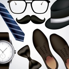 happy fathers day important date blue tie moustache elegant shoes top hat glasses vector illustration
