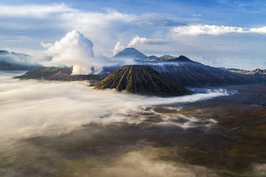 Aerial view of Mt Bromo from Mt Penanjakan, East Java, Indonesia