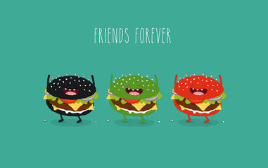 This is set of colorful burgers. Black, green and red buns are friends forever. You can use for cards, fridge magnets, stickers, posters or restaurant menu.