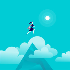 Vector flat illustration with business lady jumping above mountain peak on blue sky with isolated clouds. Motivation, moving upwards, aspirations, new aims and perspectives, achievements - metaphor.