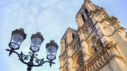 Fototapeta na wymiar Antique streetlight and Notre-Dame cathedral, sightseeing in Paris, France