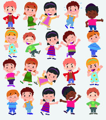 Cartoon character boys and girls. Set with different postures, attitudes and poses, always in positive attitude, doing different activities. Vector illustrations.