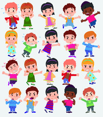 Cartoon character boys and girls. Set with different postures, attitudes and poses, always in negative attitude, doing different activities. Vector illustrations.