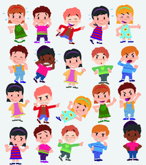 Cartoon character boys and girls. Set with different postures, attitudes and poses, doing different activities. Vector illustrations.