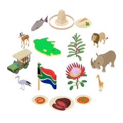 South Africa travel icons set. Isometric illustration of 16 South Africa travel vector icons for web