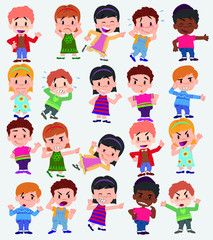 Cartoon character boys and girls. Set with different postures, attitudes and poses, doing different activities. Vector illustrations.