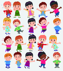 Cartoon character boys and girls. Set with different postures, attitudes and poses, doing different activities. Vector illustrations.