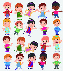 Cartoon character boys and girls. Set with different postures, attitudes and poses, doing different activities. Vector illustrations.