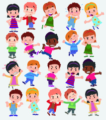 Cartoon character boys and girls. Set with different postures, attitudes and poses, doing different activities. Vector illustrations.