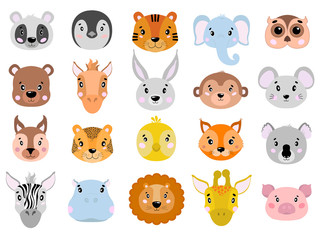 Obraz premium Big vector set of cute animals face icon flat.
