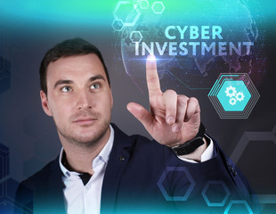 Business, Technology, Internet and network concept. Young businessman working on a virtual screen of the future and sees the inscription: Cyber investment