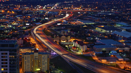 Aerial of San Antonio, Texas expressways at night