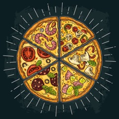 Slice pizza Pepperoni, Hawaiian, Margherita, Mexican, Seafood, Capricciosa. Engraving