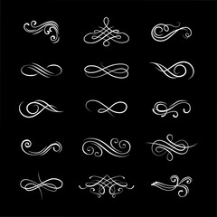 Decorative curls set. Swirling flourishes decorative floral elements. Page dividers, Wedding design, Decor. Spiral filigree elements. Vector