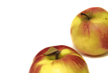 Two yellow-red apples on a white background. Horizontal shot. Healthy eating.