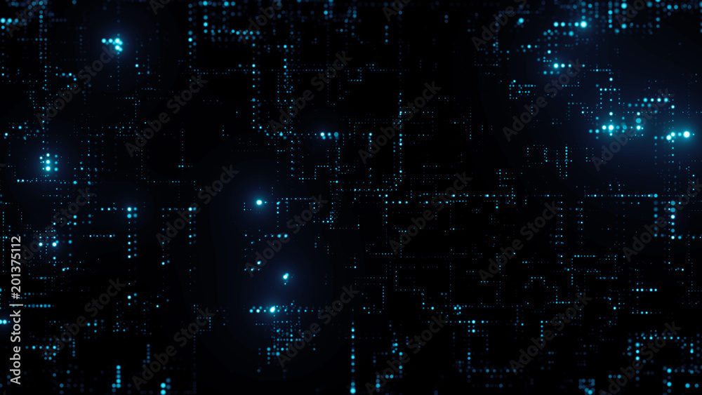 Poster 3d render abstract digital background with tech dots. technology concept with bright glow circles pa