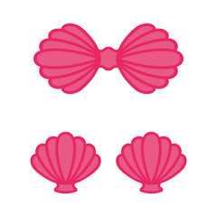 Pink mermaid bra. Mermaid top - t-shirt design. Scallop sea shell. Clam. Conch. Seashell - flat vector icon.