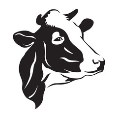 Cow head stylized symbol, cow portrait. Silhouette of farm animal, cattle. Emblem, logo or label for design. Vector illustration.