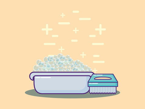 plastic tub with soap and crub brush over yellow background, colorful design. vector illustration