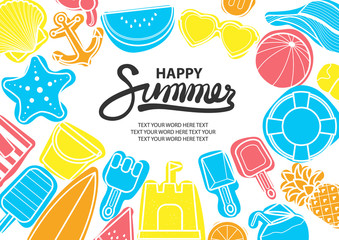 Beach stuff in colorful surround gray text at the middle.