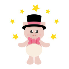 cartoon cute pig with tie in hat and stars 